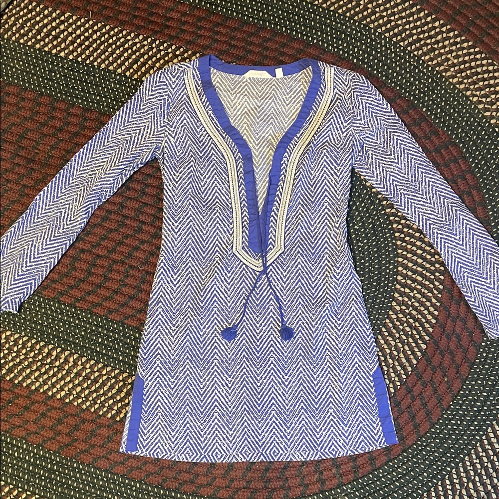 Athleta Cotton Blend Blue White Long‎ Sleeve Tunic Top Tassels Boho Size XXS